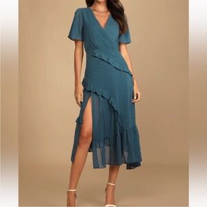 Lulu’s blue Swiss dot ruffle semi sheer midi dress‎ size L NWT